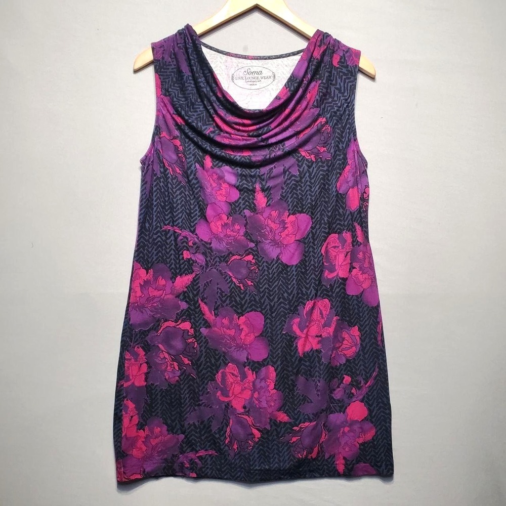 Soma Floral Drape Neck Tunic Top Womens M Purple‎ Loungewear Stretch Soft Dress